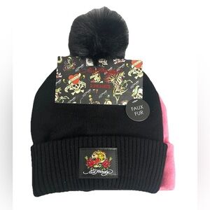Ed Hardy 2-Pack Beanie Hats Skull Rose Tiger Graphic Logo Black & Pink Knit New